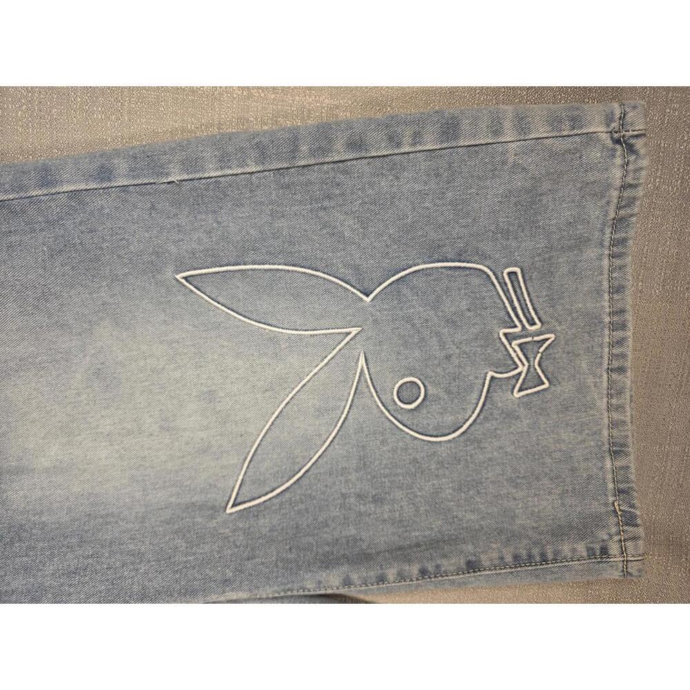 Playboy Women Size 5, Light Wash Wide Leg Jeans/shorts Y2K with Bunny Logo - Picture 2 of 10